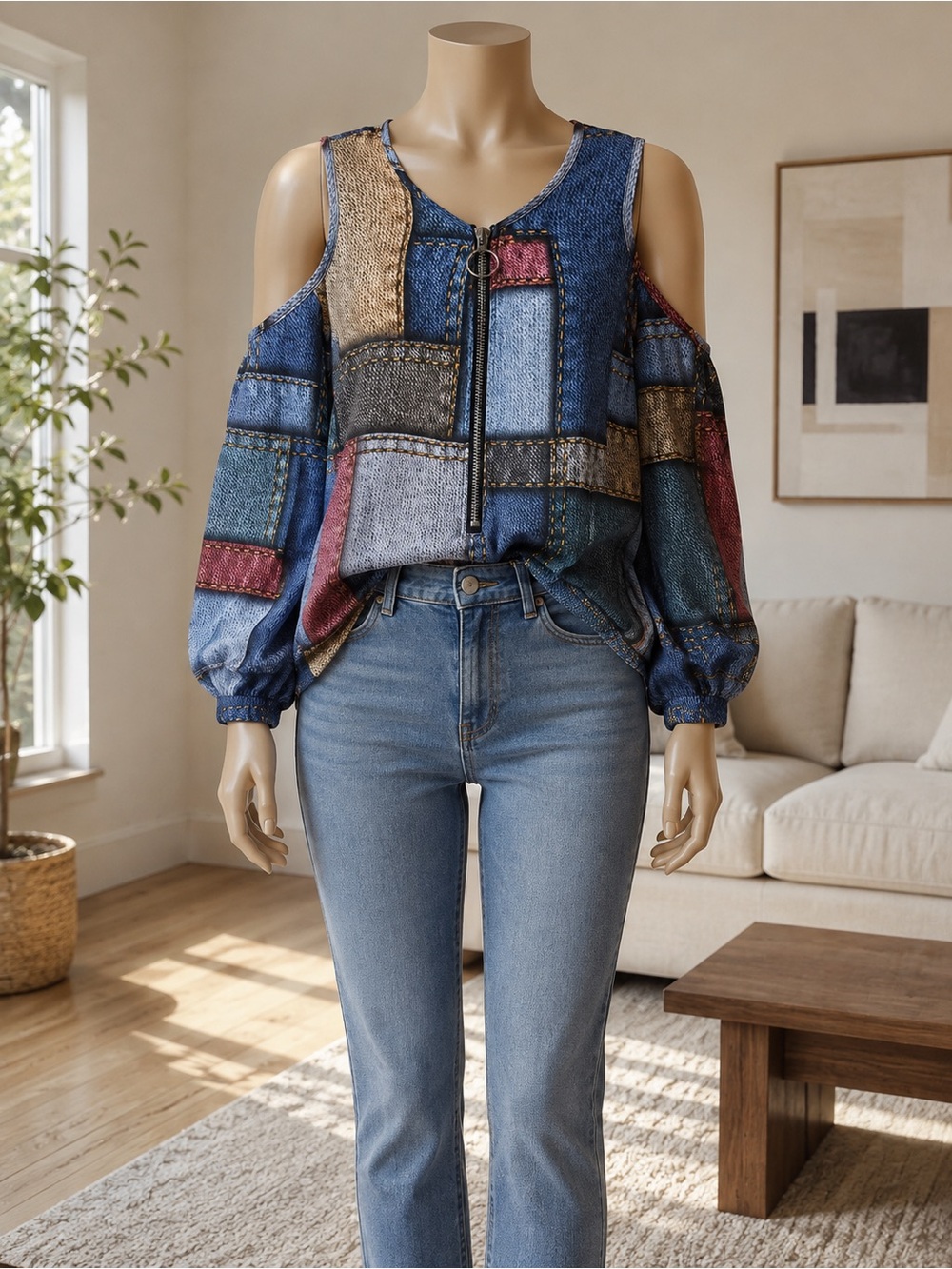 🆕 Patchwork Cold-Shoulder Zip Front Top - Blue Multi